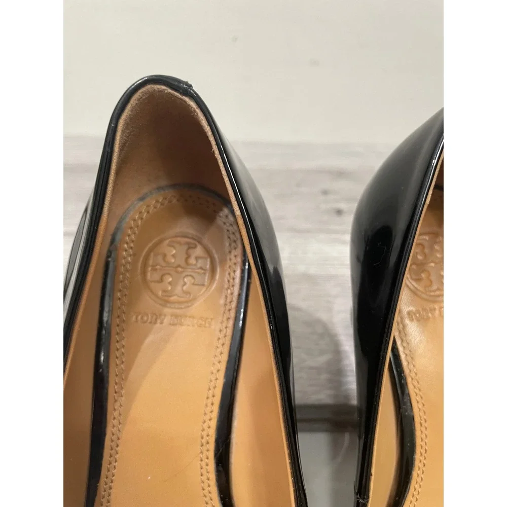 Tory Burch Gigi  Black Patent Leather Logo Wedge Pumps Heels Size 6.5M